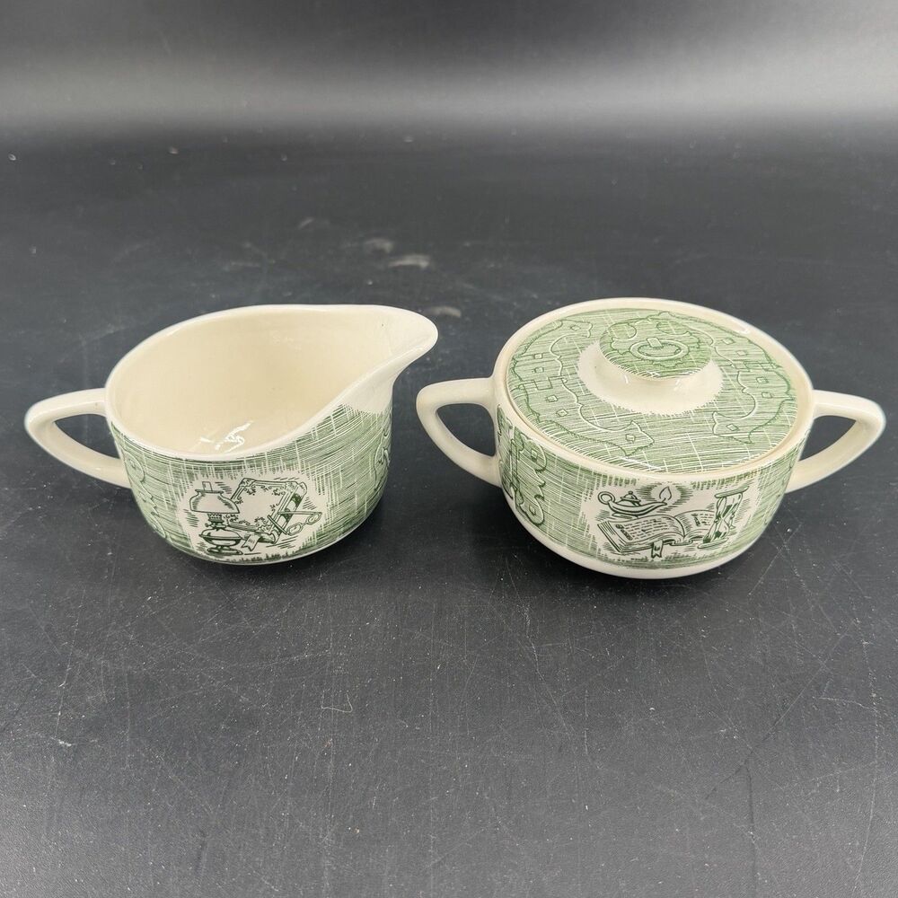 Vintage Set of The Old Curiosity Shop Sugar Creamer Green Transferware Royal USA